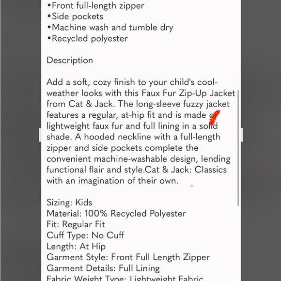 NWT Cat and Jack faux fur lined jacket size 14/16 kids! - Picture 3 of 4